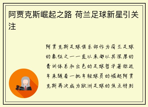 阿贾克斯崛起之路 荷兰足球新星引关注