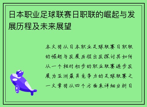 日本职业足球联赛日职联的崛起与发展历程及未来展望