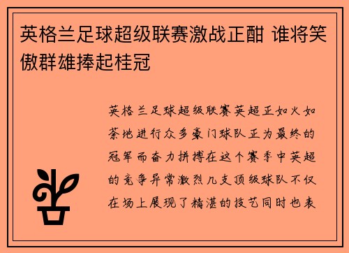 英格兰足球超级联赛激战正酣 谁将笑傲群雄捧起桂冠