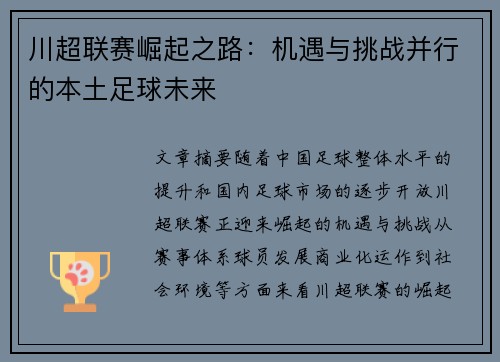 川超联赛崛起之路：机遇与挑战并行的本土足球未来