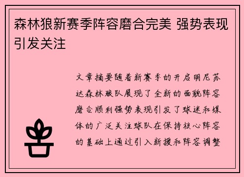 森林狼新赛季阵容磨合完美 强势表现引发关注